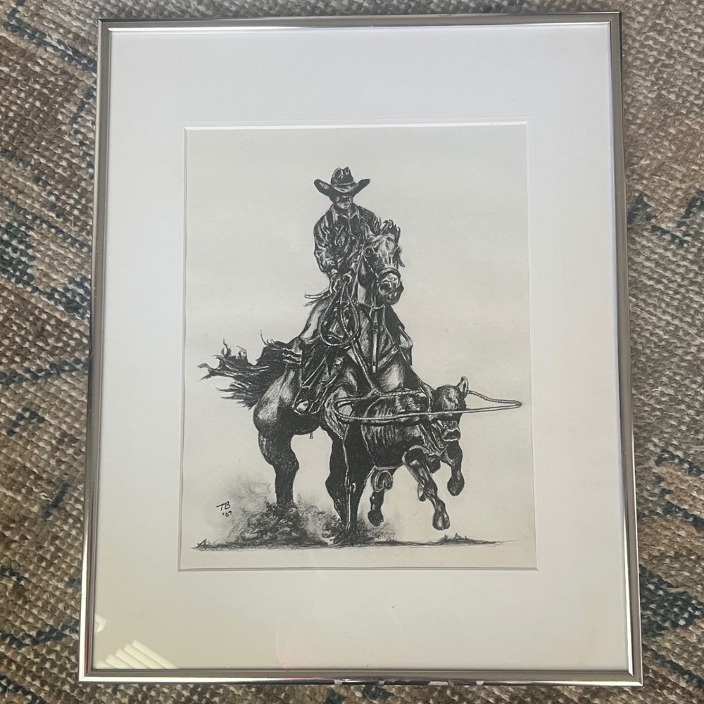 Vintage Western Cowboy Roping Steer Charcoal Sketch Print Framed Signed TB 07